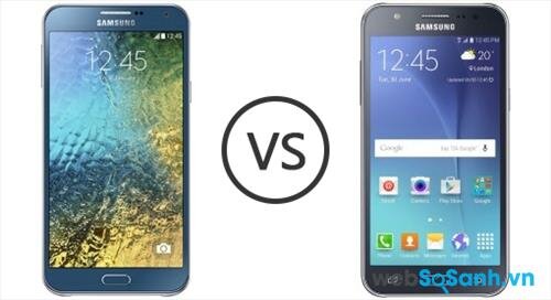 Samsung đã trang bị cho Galaxy E7 (trái) và Galaxy J7 (phải) màn hình lớn 5.5 inch độ phân giải HD, với công nghệ Super AMOLED