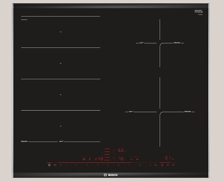 Bosch pxe675dc1e có thiết kế hiện đại và tinh tế với 4 vùng nấu giúp bạn chế biến được nhiều món ăn cùng lúc.