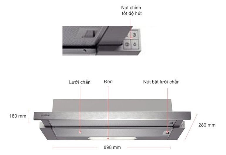 Hút mùi Bosch DHI923GSG trang bị động cơ chổi than Ecosilence giúp máy vận hành siêu êm ái.