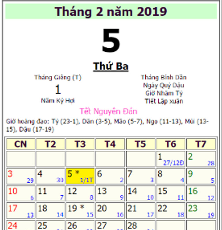 Tết dương lịch 2019 vào ngày mấy thứ mấy ?