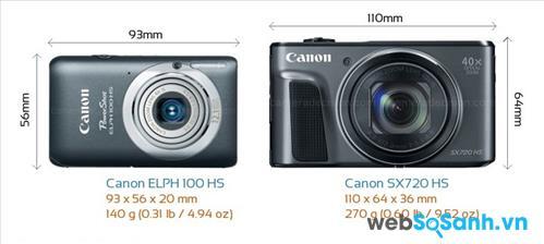 Nhìn từ mặt trước máy ảnh Canon SX720 HS lớn hơn khá nhiều so với ELPH 100 HS