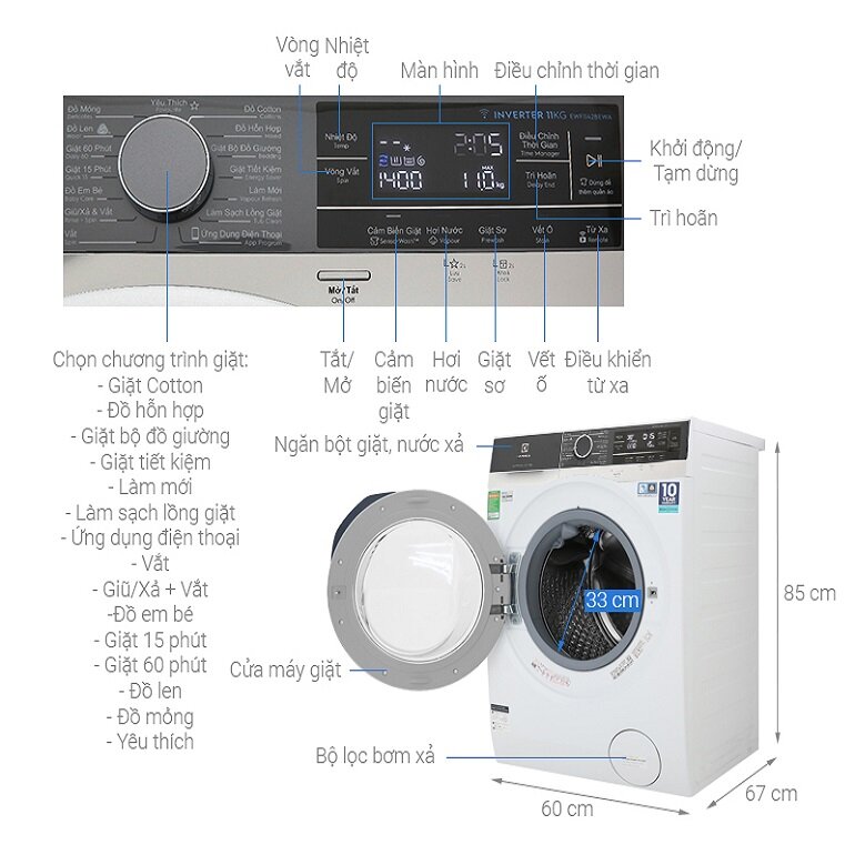 Máy giặt cửa ngang Electrolux Inverter 9kg EWF9025BQSA 
