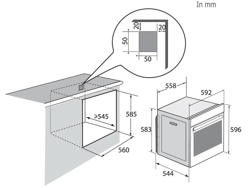 Kích thước lắp đặt lò nướng âm tủ Brandt BOH7532LX