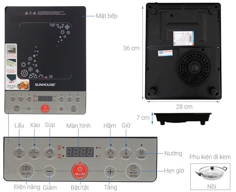 Bếp từ Sunhouse SHD 6152 có bảng điều khiển nút nhấn có hướng dẫn tiếng Việt nên dễ dàng sử dụng.