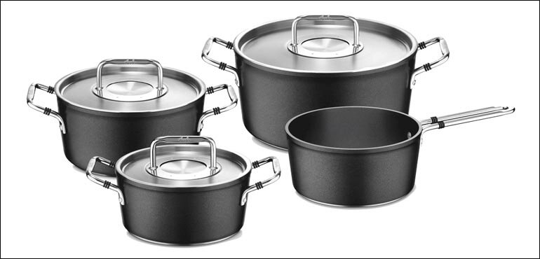 Bộ nồi Fissler Luno màu đen được làm từ nhôm đúc nguyên khối phủ lớp chống dính Protectal+