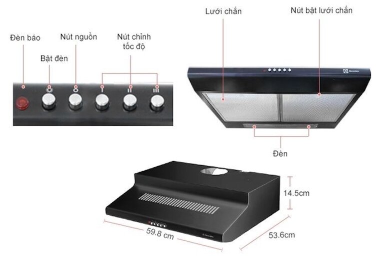 máy hút mùi Electrolux EFT6510K có bộ điều khiển cơ học với các chức năng được hiển thị rõ