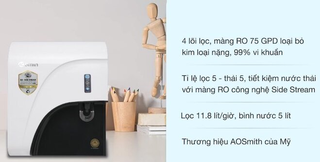 Máy lọc nước RO AOSmith C1 có tỷ lệ lọc – thải 50:50, thu hồi 50% nước tinh khiết.