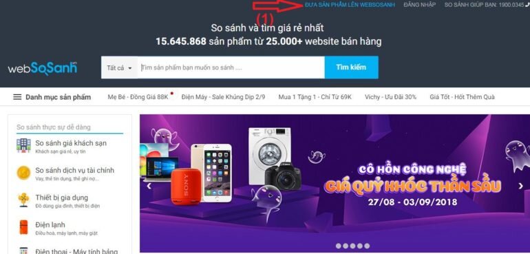 vào trang chủ Websosanh.vn click vào góc trên bên phải lựa chọn màu xanh