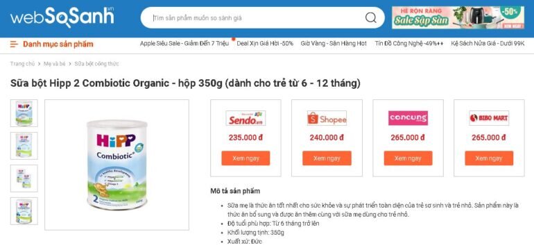 Tìm nơi bán và khảo giá sữa Hipp 350g đơn giản chỉ với 1 click với cổng thông tin so sánh giá Websosanh.vn
