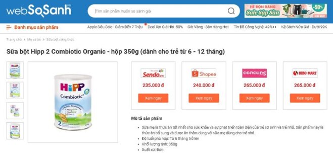 Tìm nơi bán và khảo giá sữa Hipp 350g đơn giản chỉ với 1 click với cổng thông tin so sánh giá Websosanh.vn