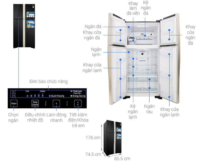 Thiết kế tủ lạnh Hitachi Inverter 509 lít R-FW650PGV8 GBK