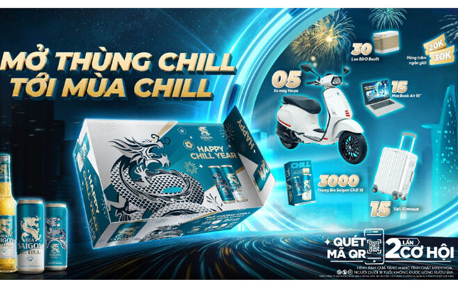 Bia Saigon Chill - bia ngon bao bì xuân phiên bản Tết 2024 có trúng thưởng xe máy Vespa và Macbook Air M2