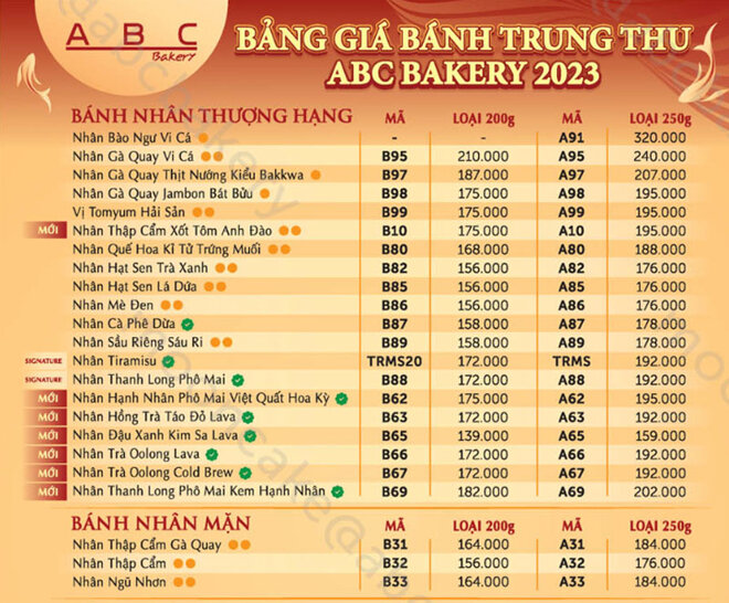 Bảng giá bánh trung thu ABC 2023 nhân thượng hạng và nhân mặn