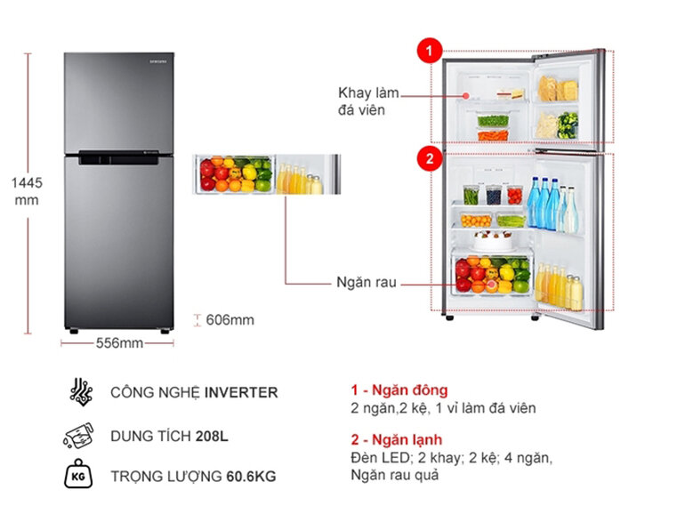 Tủ lạnh Sam Sung Digital Inverter 208 lít RT19M300BGS màu bạc