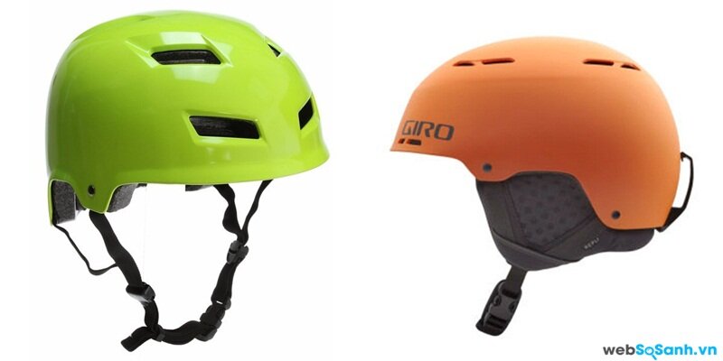 Mũ bảo hiểm xe đạp loại vỏ cứng (bên trái) và vỏ mềm (bên phải)