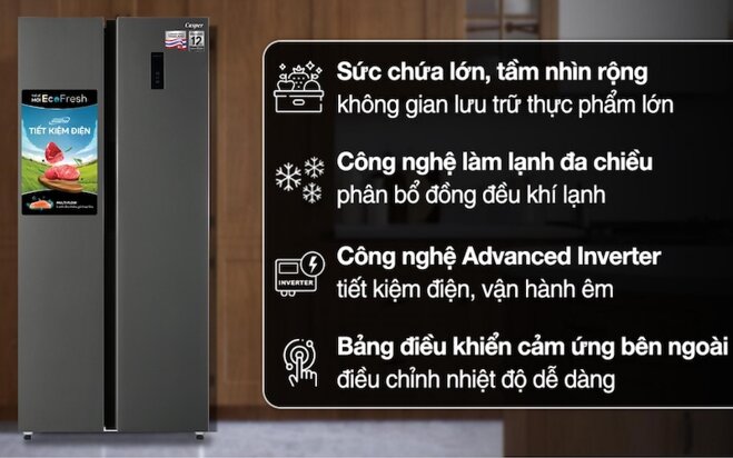 Tủ lạnh Casper Inverter 458 lít RS-460PG thiết kế tinh tế và đẹp mắt