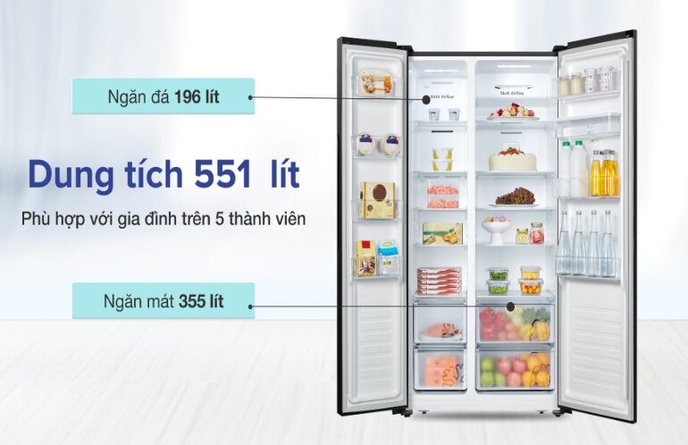 Dung tích tủ lạnh Casper RS-575VBW lên đến 551 lít phù hợp với gia đình 5 người