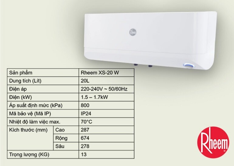 Máy nước nóng Rheem Xwell Slim XS-20 20 lít ngang