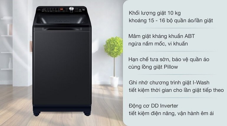 Máy giặt Aqua Inverter 10kg AQW-DR101GT.BK có thiết kế màu đen đơn giản nhưng sang trọng cùng những công nghệ tân tiến