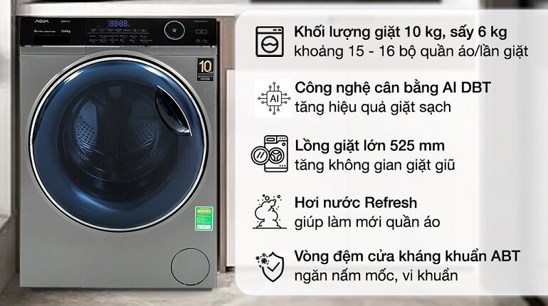 Máy giặt sấy Aqua Inverter 10 kg AQD-AH1000G.PS
