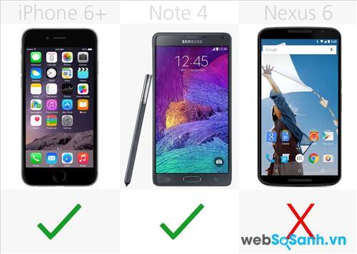 iPhone 6+, Note 4 đều có cảm biến vấn tay còn Nexus 6 thì không