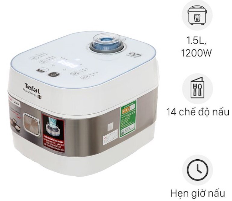 Nồi cơm điện tử Tefal RK762168 với 14 chức năng nấu được cài đặt sẵn cùng bảng điều khiển cảm ứng tiếng Việt.