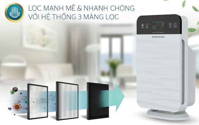 Máy lọc không khí Sunhouse shd-15ap9715 có khả năng khử mùi, lọc sạch bụi mịn PM2.5 với 3 lớp lọc là hepa, than hoạt tính, sơ cấp.