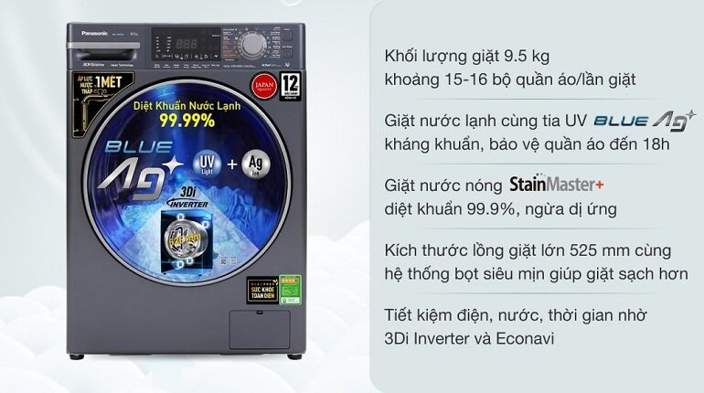 Máy giặt Panasonic 9.5kg NA-V95FX2BVT sở hữu nhiều tính năng và công nghệ tân tiến, hiện đại