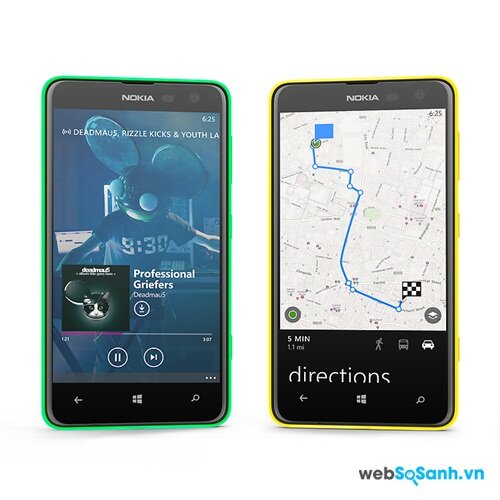 Với Lumia 625 bạn có thể nghe nhạc trực tuyến với, hay sử dụng bản đồ khi ngoại tuyến với HERE Map