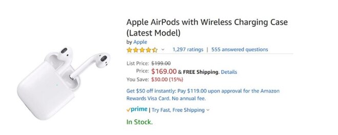 Apple AirPods với vỏ sạc không dây (Mẫu mới nhất) - Giá bán $ 169,00 (tiết kiệm $ 30)