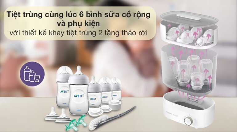 Thiết kế máy tiệt trùng bình sữa Avent có sấy nhỏ gọn dễ dàng tháo rời