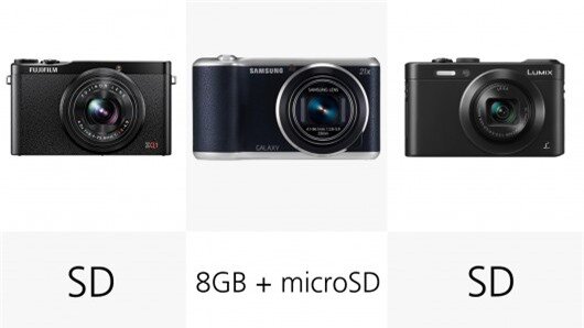 The Samsung Galaxy Camera 2 accepts microSD cards, and has 8 GB of internal memory