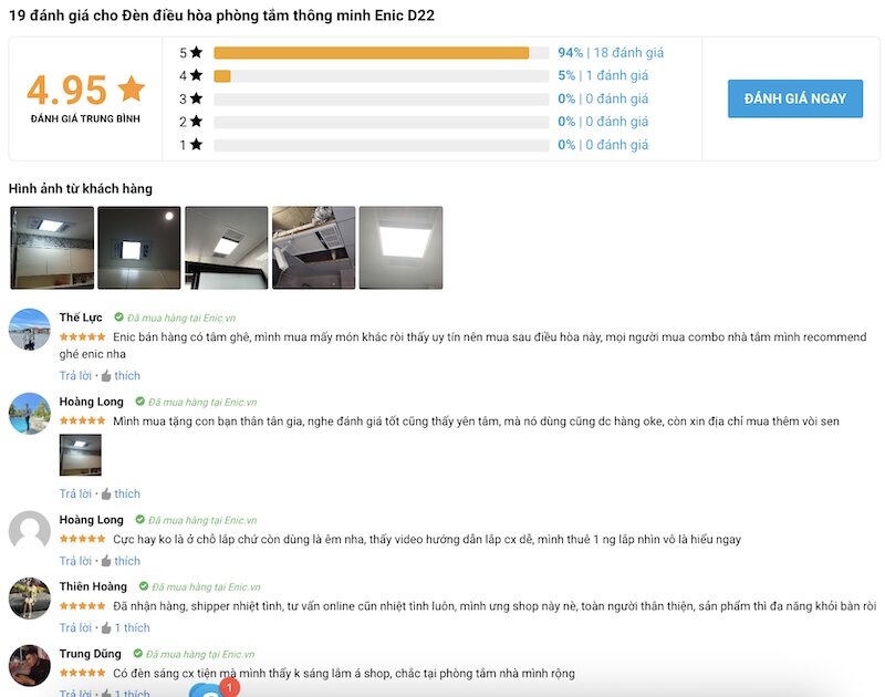 Đánh giá về đèn điều hòa phòng tắm thông minh Enic D22