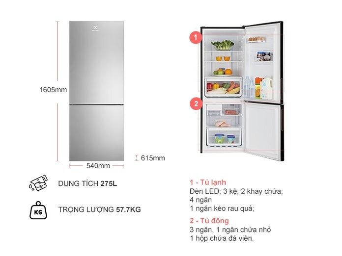 Tủ lạnh Electrolux Inverter 250 lít EBB2802H-A