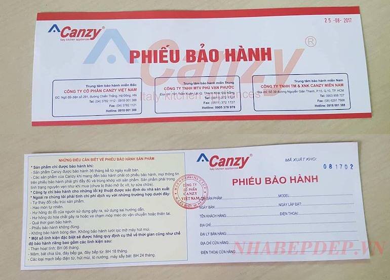 Phiếu bảo hành bếp từ Canzy