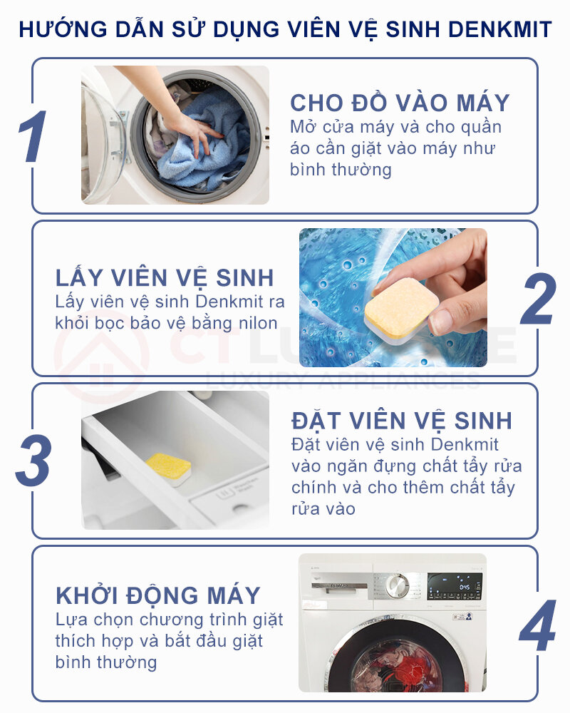 Hướng dẫn vệ sinh máy giặt bằng viên tẩy Denkmit