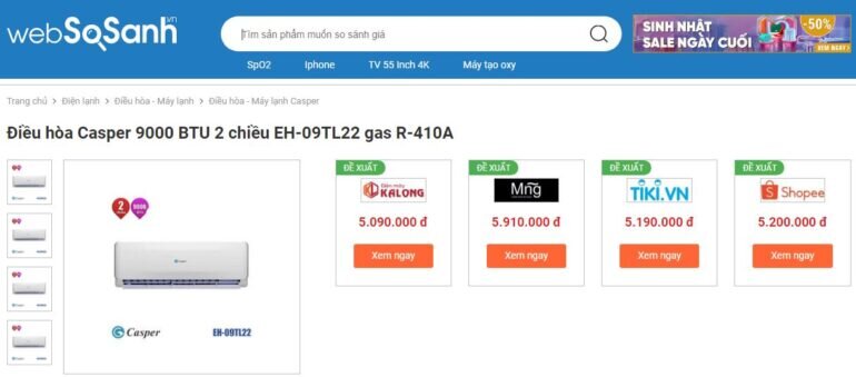 Điều hòa Casper 9000 BTU 2 chiều EH-09TL22 - Giá tham khảo khoảng 5,2 triệu vnd