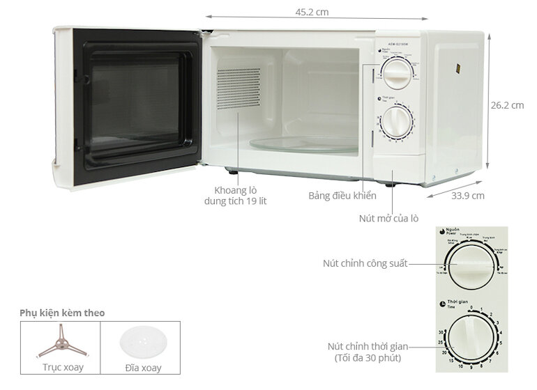 Lò vi sóng Aqua AEM-S2195W có 3 chức năng cùng 5 mức điều chỉnh công suất