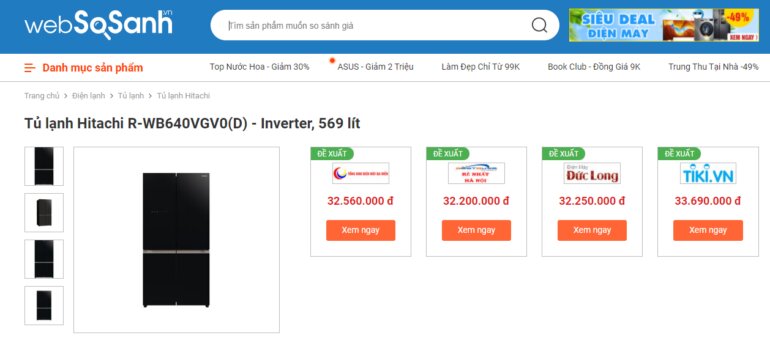 Giá tủ lạnh Hitachi Inverter 569 Lít 4 cửa WB640VGV0(GBK) bao nhiêu?