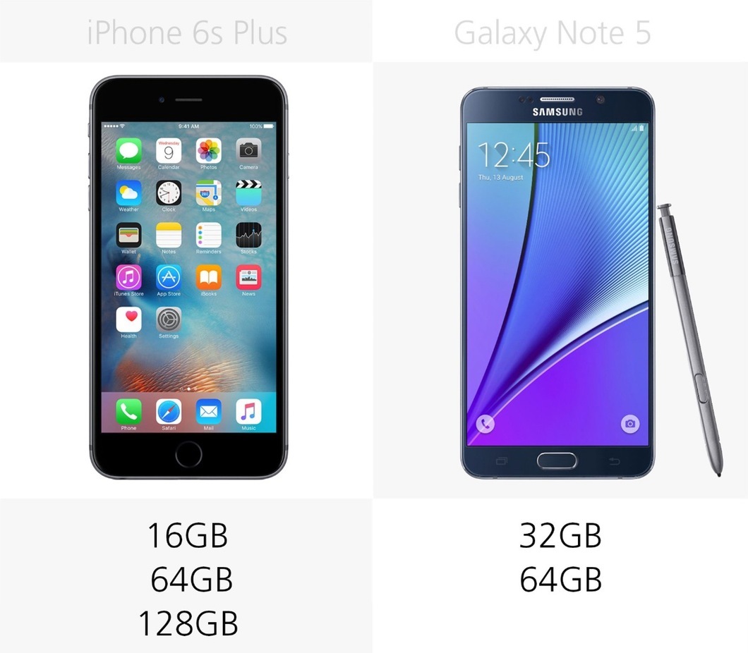 Các phiên bản dung lượng bộ nhớ của iPhone 6s Plus và Galaxy Note 5