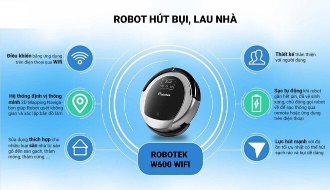 Robot hút bụi lau nhà Robotek W600 wifi