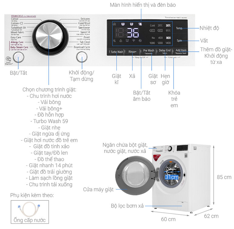 Thông số kỹ thuật Máy giặt LG Inverter 9 kg FV1409S2W