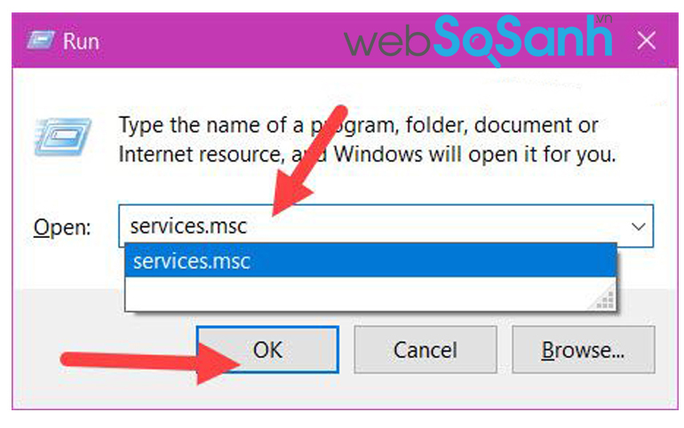 Đầu tiên bạn hãy nhấn tổ hợp phím Windows + R để mở hộp lênh Run, tại đây bạn hãy nhập dòng lệnh services.msc rồi nhấn OK để truy cập vào công cụ Servies.