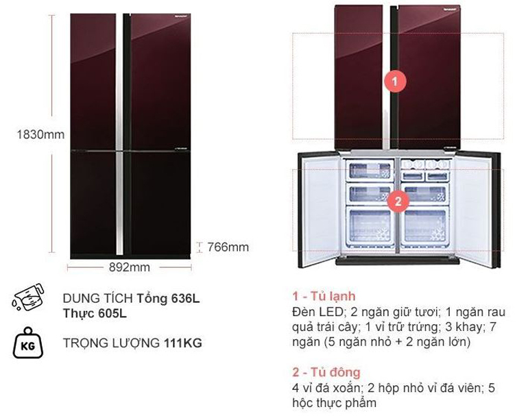 Tủ lạnh Sharp Inverter 605 lít SJ-FX688VG thiết kế hiện đại với 4 cánh cửa tiện lợi