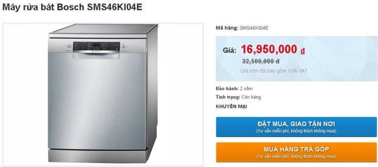 Máy rửa bát Bosch SMS46KI04E giảm sốc giá chỉ còn 16.950.000 vnđ