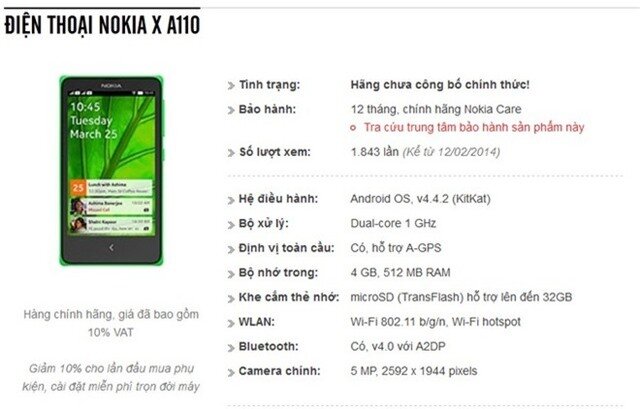 Nokia X chạy Android xuất hiện trên website của một đại lý bán lẻ tại Việt Nam. Ảnh chụp màn hình.