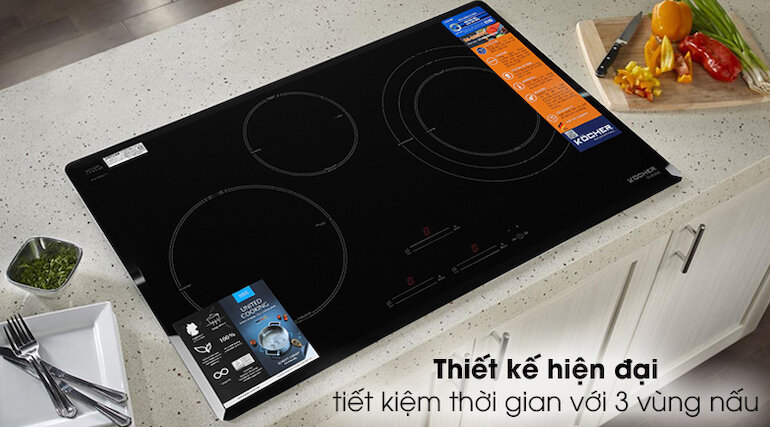 Bếp âm Kocher DI-855GE với thiết kế sang trọng, có thể lắp âm với 3 vùng nấu giúp tiết kiệm được thời gian nấu nướng.
