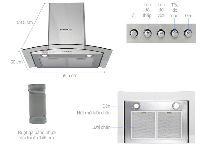 Máy hút khói Sunhouse có lối thiết kế hệ thống bảng điều khiển đơn giản