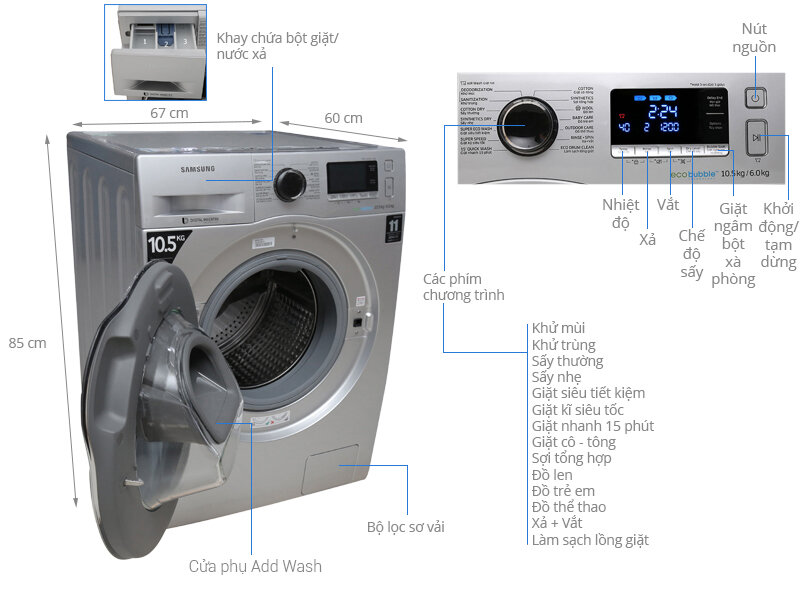 Công nghệ Eco Bubble của máy giặt Samsung Inverter WD10K6410OS/SV giúp quần áo sạch sẽ và tiết kiệm xà phòng
