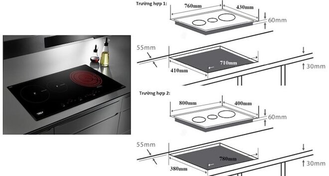 Kích thước bếp từ âm có 3 vùng nấu